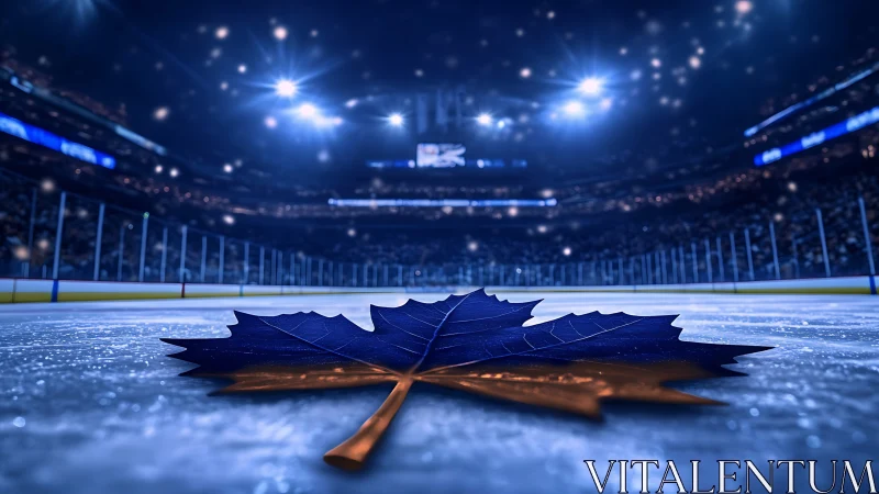 Photorealistic maple leaf centerpiece on illuminated ice rink.
