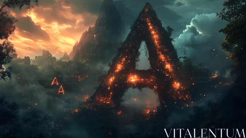 Burning Monument in Mystical Landscape