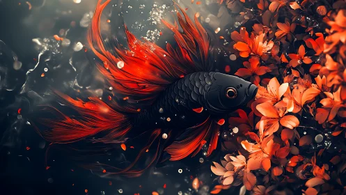 Chromatic koi hydrodynamics amid high-saturation florals.