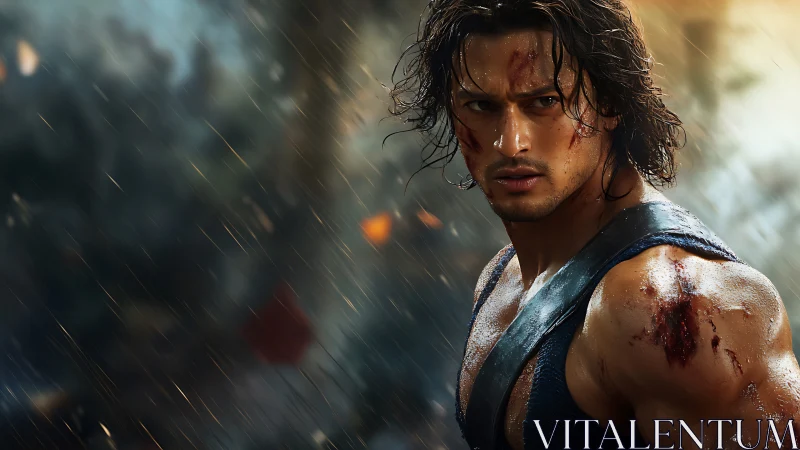 Battle-worn warrior in dynamic rain-lit action close-up scene