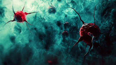 Neoplastic cellular swarm rendered in volatile teal microspace.