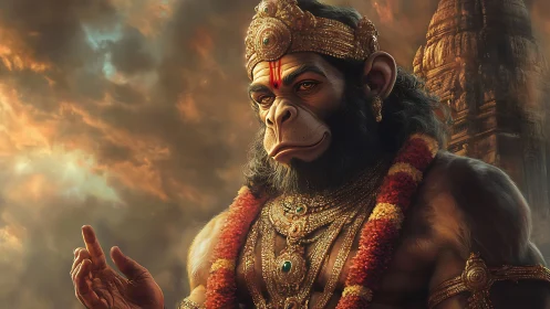 Graceful divine monkey warrior bathed in sunset light.