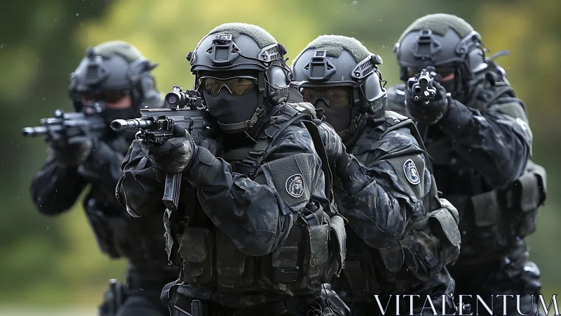 Tactical assault team advances in tight stacked formation under fire