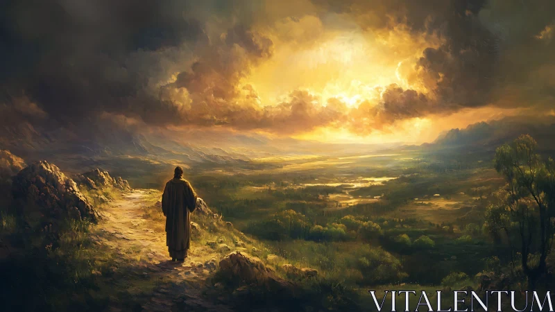 Solitary robed wanderer walks toward blazing golden horizon