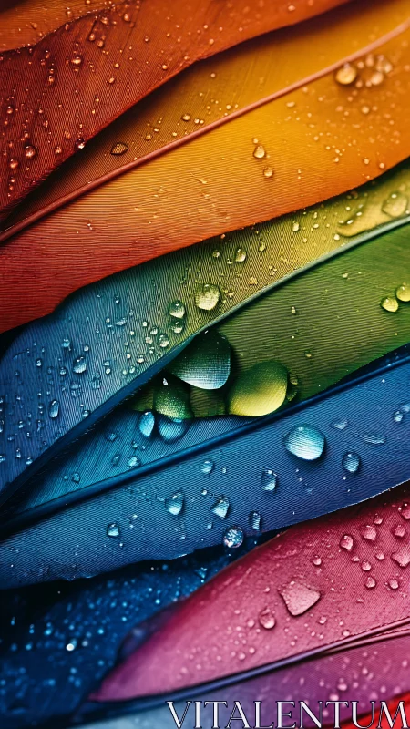 Iridescent rainbow feathers glisten beneath scattered raindrops.