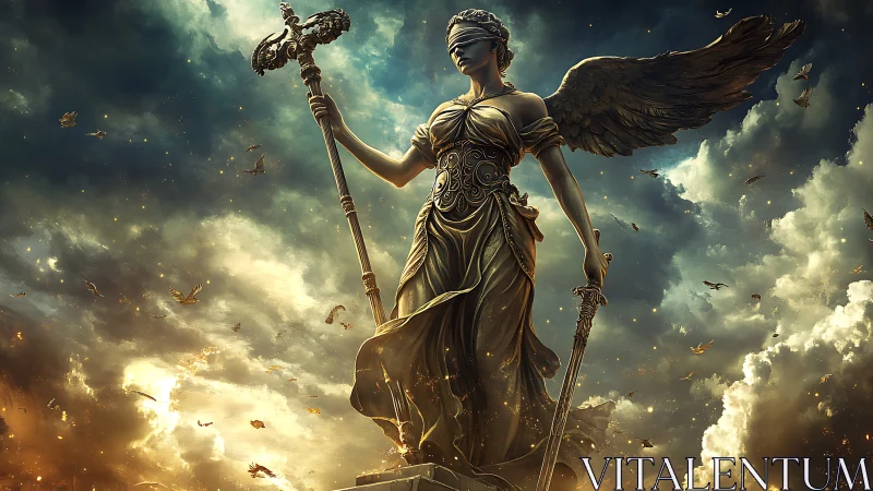 Blindfolded winged justice statue under stormy golden sky.