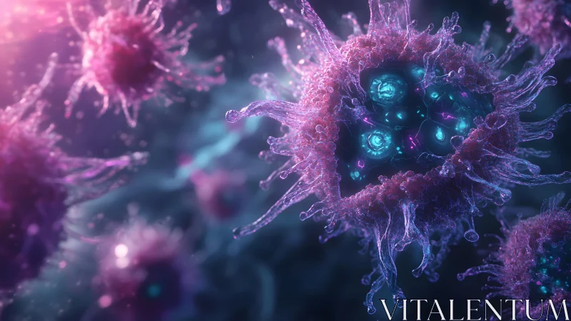 Futuristic close-up of glowing virus cells in vibrant colors.