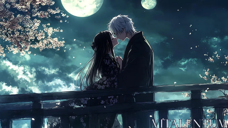 Lunar backlit kiss on bridge with drifting sakura petals.