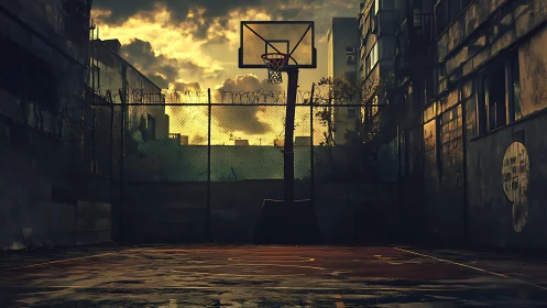 Urban basketball court at dusk under dramatic clouds.