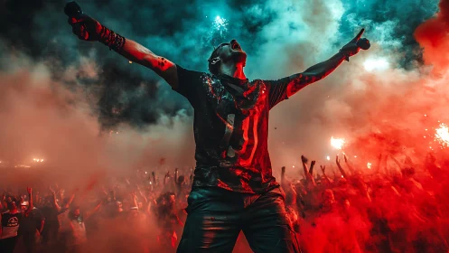 Masked performer commands smoke-filled concert crowd with flares
