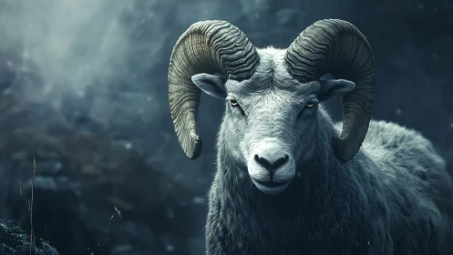 Mountain sheep with curved horns in dim rocky habitat.