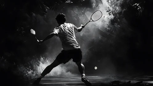Shadowcourt smash: lone racket hero in stormy spotlight.
