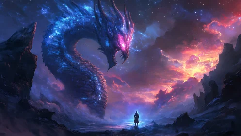 Cosmic serpent confronts lone warrior in nebular twilight sky.