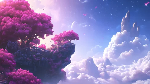 Floating rocky island with pink trees above dense cloud layer.