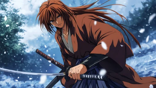 Samurai warrior readies twin blades in a silent winter storm