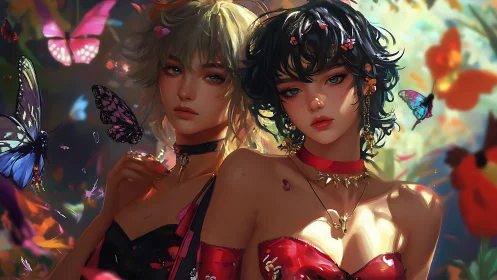 Digital painting of twin muses in luminous butterfly bloom.