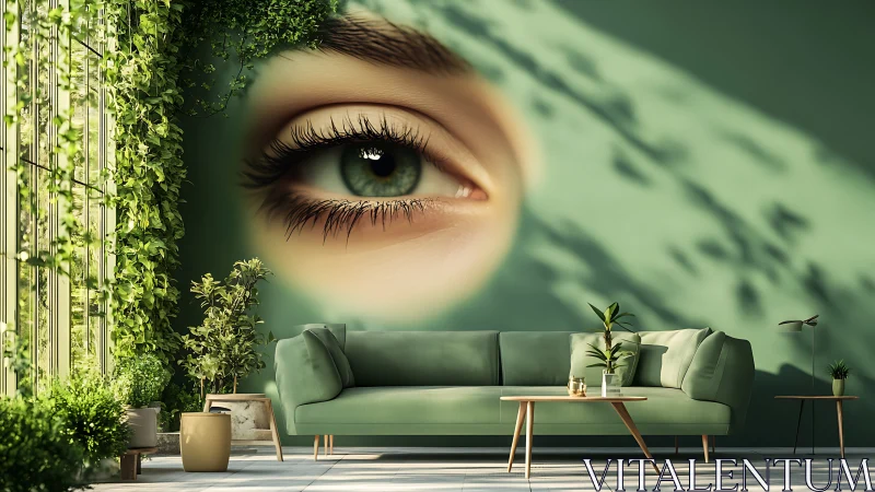 Biophilic living room with surreal green eye wall mural.