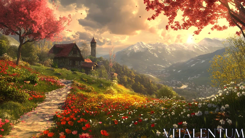 Mountain village path through spring meadow at sunset.