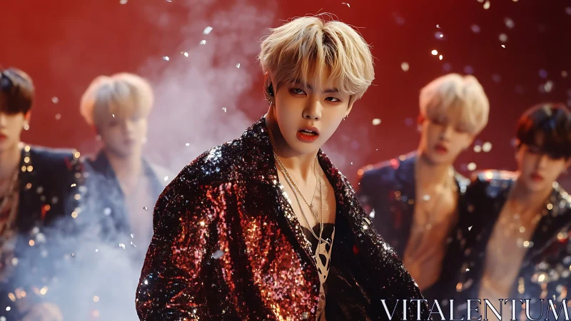 Idol performer in sequined jacket amid dramatic stage haze.