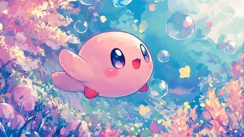 Pastel-rendered pink character floating amid luminous bubbles