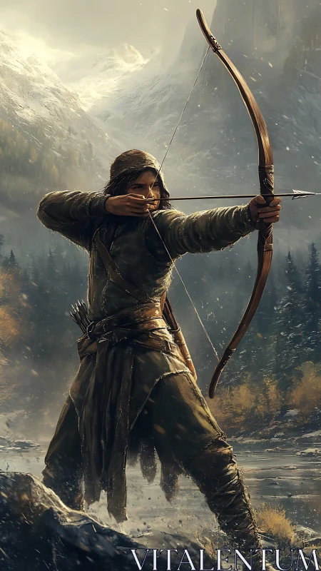 Hooded archer drawing bow in snowy mountain valley.