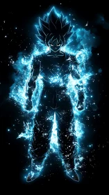 Electric blue warrior glowing with unstoppable cosmic energy.