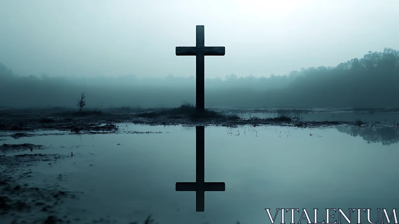 Solitary cross silhouette mirrored in misty lakeside water.