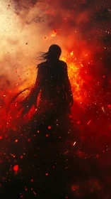 Silhouette in the firestorm walking through glowing embers.