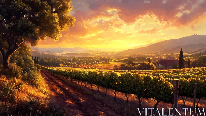 Golden sunset bathes a tranquil vineyard in soft warmth