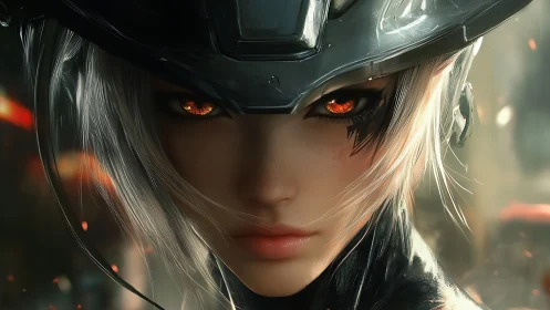 Cybernetic warrior gazes forward with burning amber eyes.