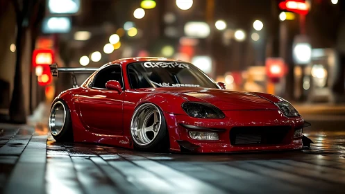 Stanced red sports car under glossy neon city nightscape.