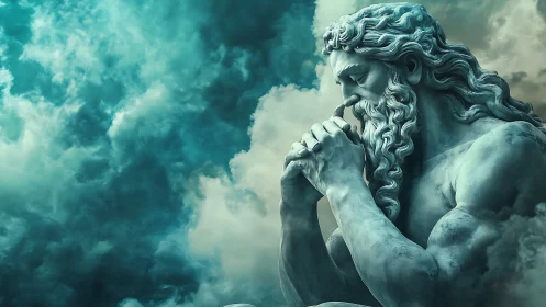 Sky-brooding stone titan prays amid roaring turquoise clouds.