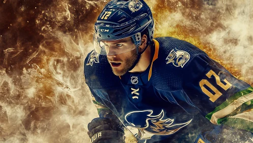 Hockey hero charging forward through swirling golden fire.
