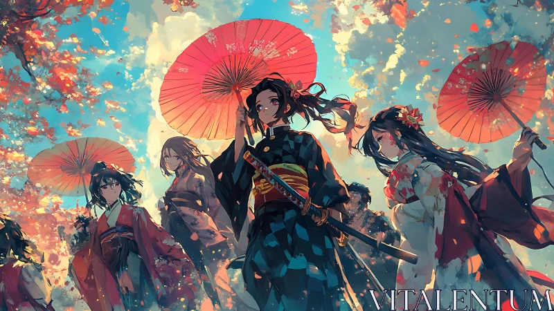 Samurai women in kimonos under red parasols in spring.