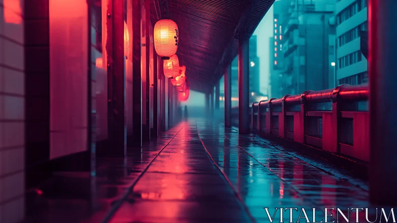 Neon lit rainy corridor with Japanese lanterns at dusk
