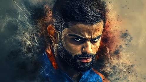 Intense bearded athlete portrait dissolves into dynamic dust