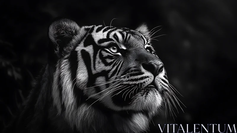 Gentle tiger gazing into soft light with calm strength.