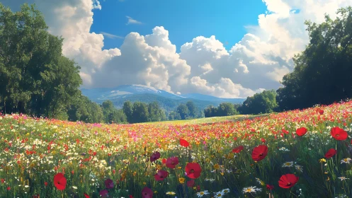 Wildflower meadow under cumulus clouds and distant mountains