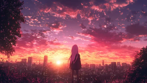 Solitary anime girl quietly watching a neon city sunset glow