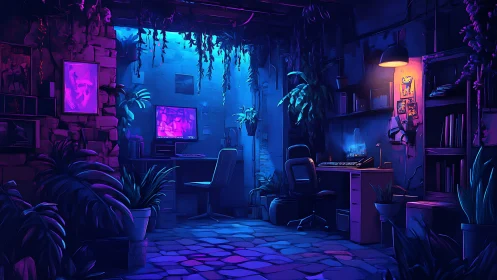 Neon cyberpunk studio glows within lush urban jungle.