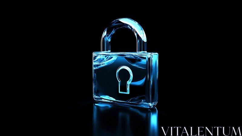 Blue glass padlock icon on black digital security backdrop.