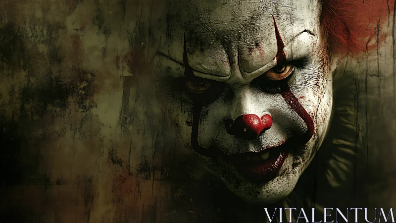 Close view shows painted clown face in dim, textured space