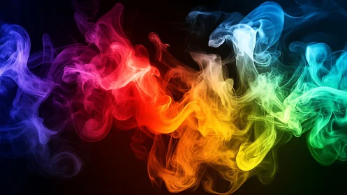 Vibrant rainbow smoke waves across dark abstract backdrop.
