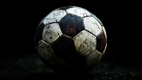 Weathered match ball waits in a lone, cinematic spotlight