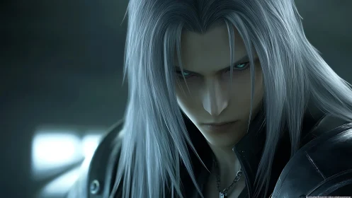 Silver haired anime warrior with intense green eyes.