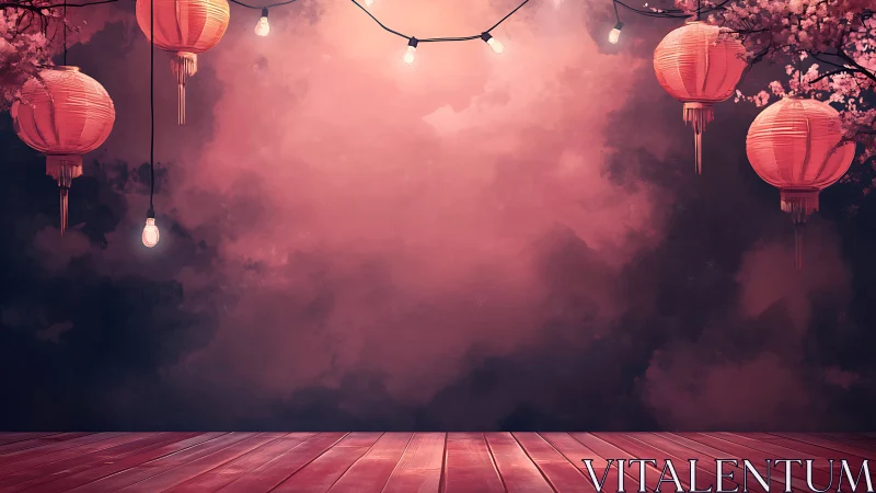 Red lanterns and string lights frame an empty wooden stage