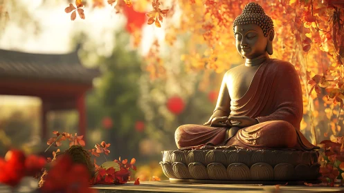 Buddha statue in autumn garden with warm golden light.