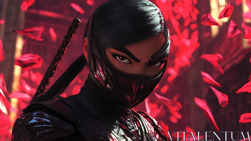 Masked kunoichi amid swirling crimson petals at dusk.