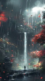 Solitary wanderer beneath towering rainlit waterfall.