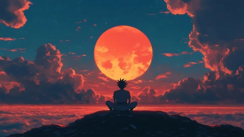 Silhouetted figure watching vast red sun above clouds.